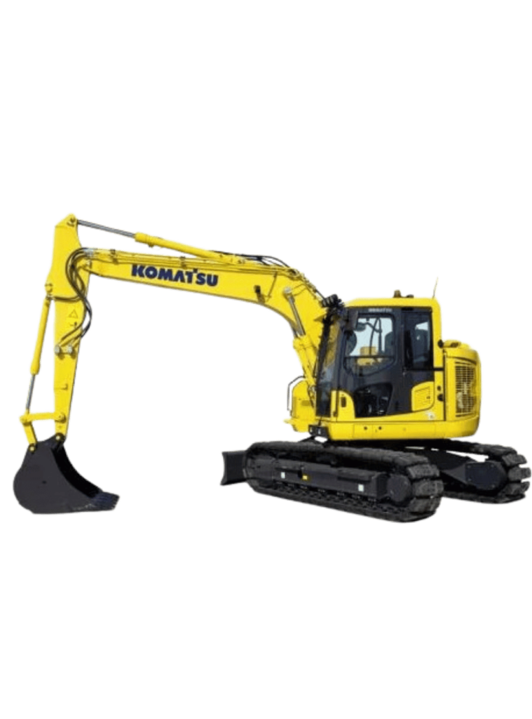 Żółta koparka gąsienicowa Komatsu dostępna w ofercie wynajmu maszyn budowlanych firmy Walenda Usługi Sprzętowe w Suwałkach i okolicach.