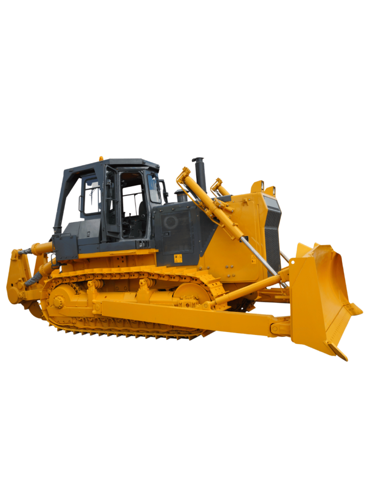 Żółty buldożer gąsienicowy na przezroczystym tle, używany jako ilustracja maszyn budowlanych. Obraz nie jest powiązany z ofertą firmy Walenda Usługi Sprzętowe.